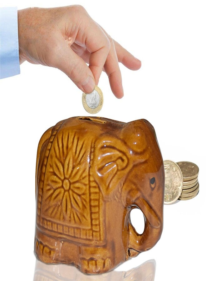 Pure Source India Ceramic Elephant Shape Coin Bank Money Saving Bank Toy Bank Piggy Bank (Brown) (L- 6 INCH) - Image 1
